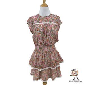 Q + A Cap Sleeve Smocked Mini Dress Womens S Small Ditsy Pink Floral Tiered Lace